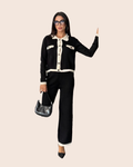 Contrast Trim Knit Cardigan & Wide-Leg Set