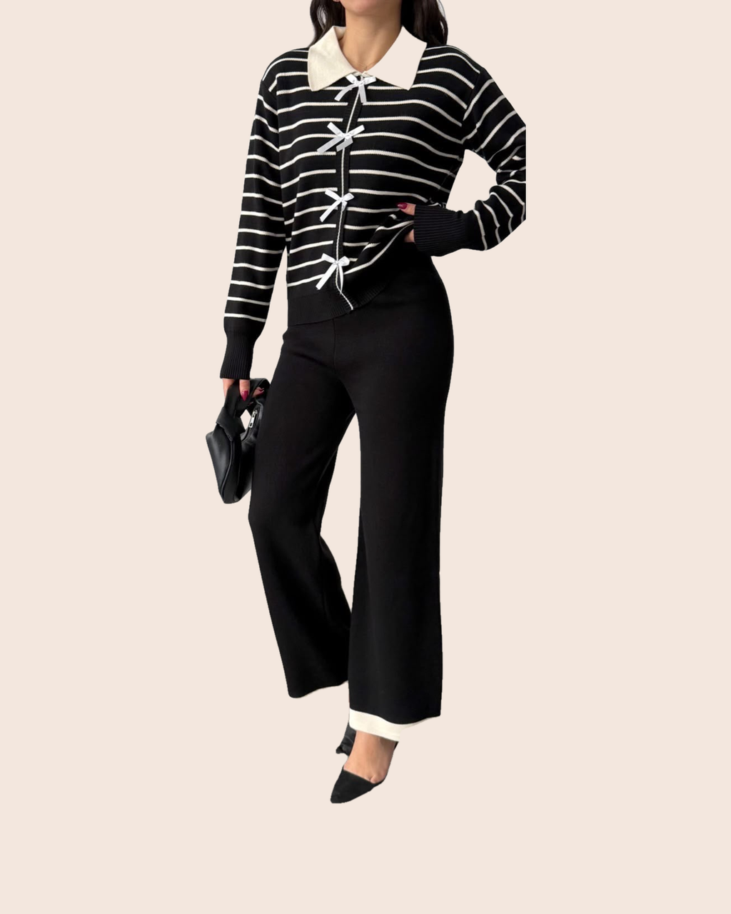 Striped Bow Cardigan & Wide-Leg Set