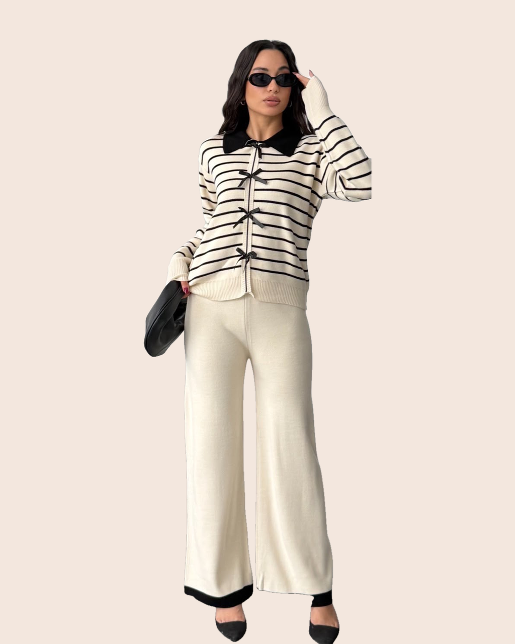 Striped Bow Cardigan & Wide-Leg Set