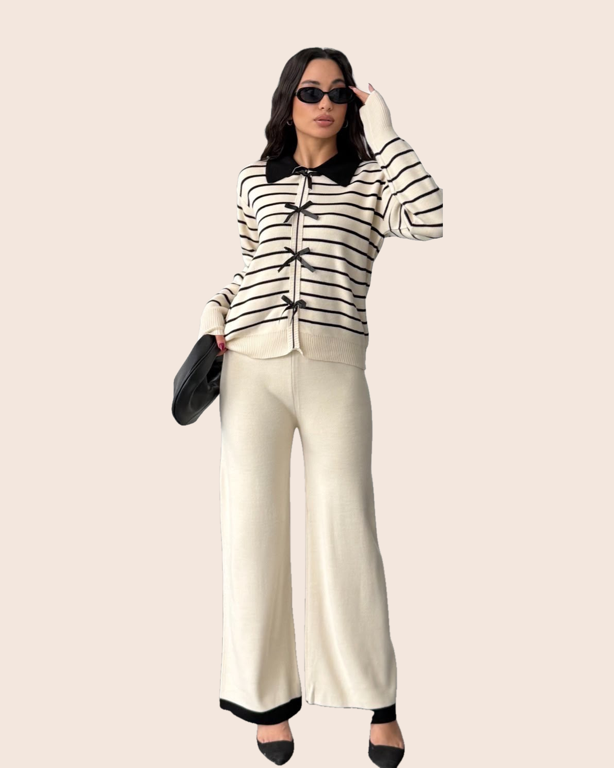 Striped Bow Cardigan & Wide-Leg Set