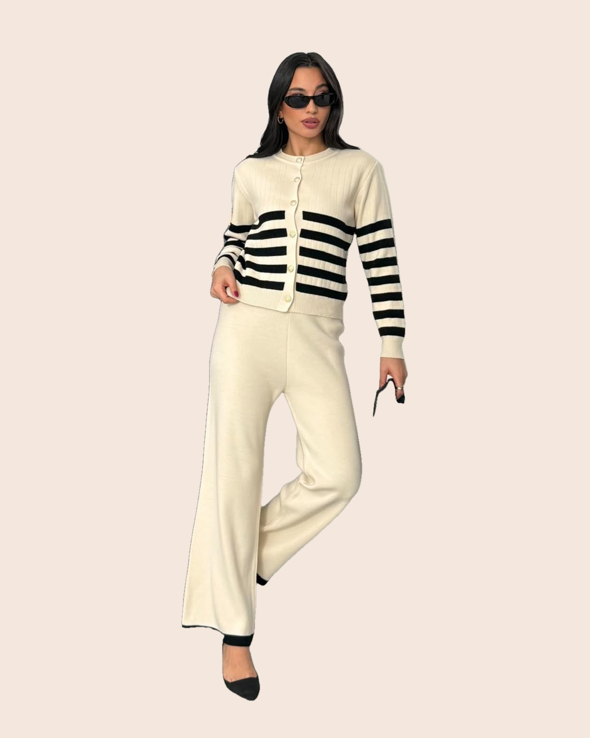 Striped Pearl-Button Cardigan & Wide-Leg Set