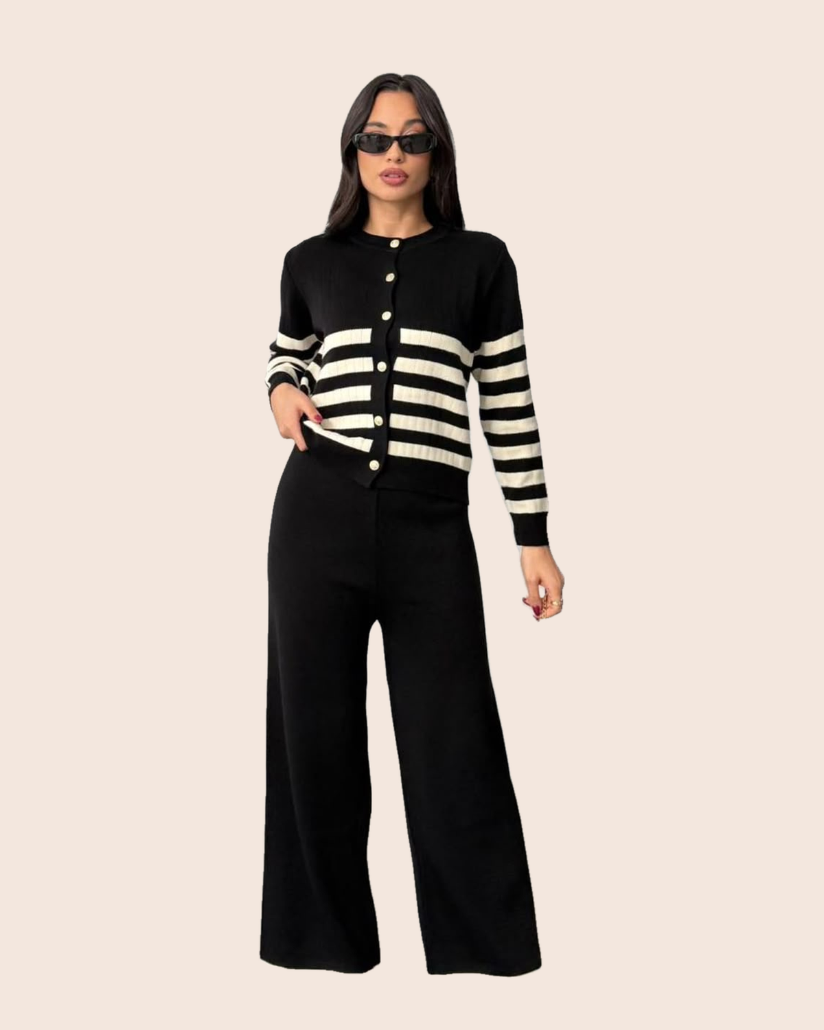 Striped Pearl-Button Cardigan & Wide-Leg Set