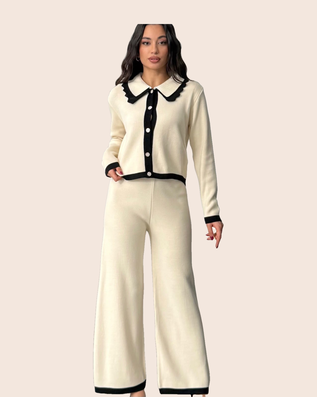 Scalloped Collar Knit Cardigan & Wide-Leg Set