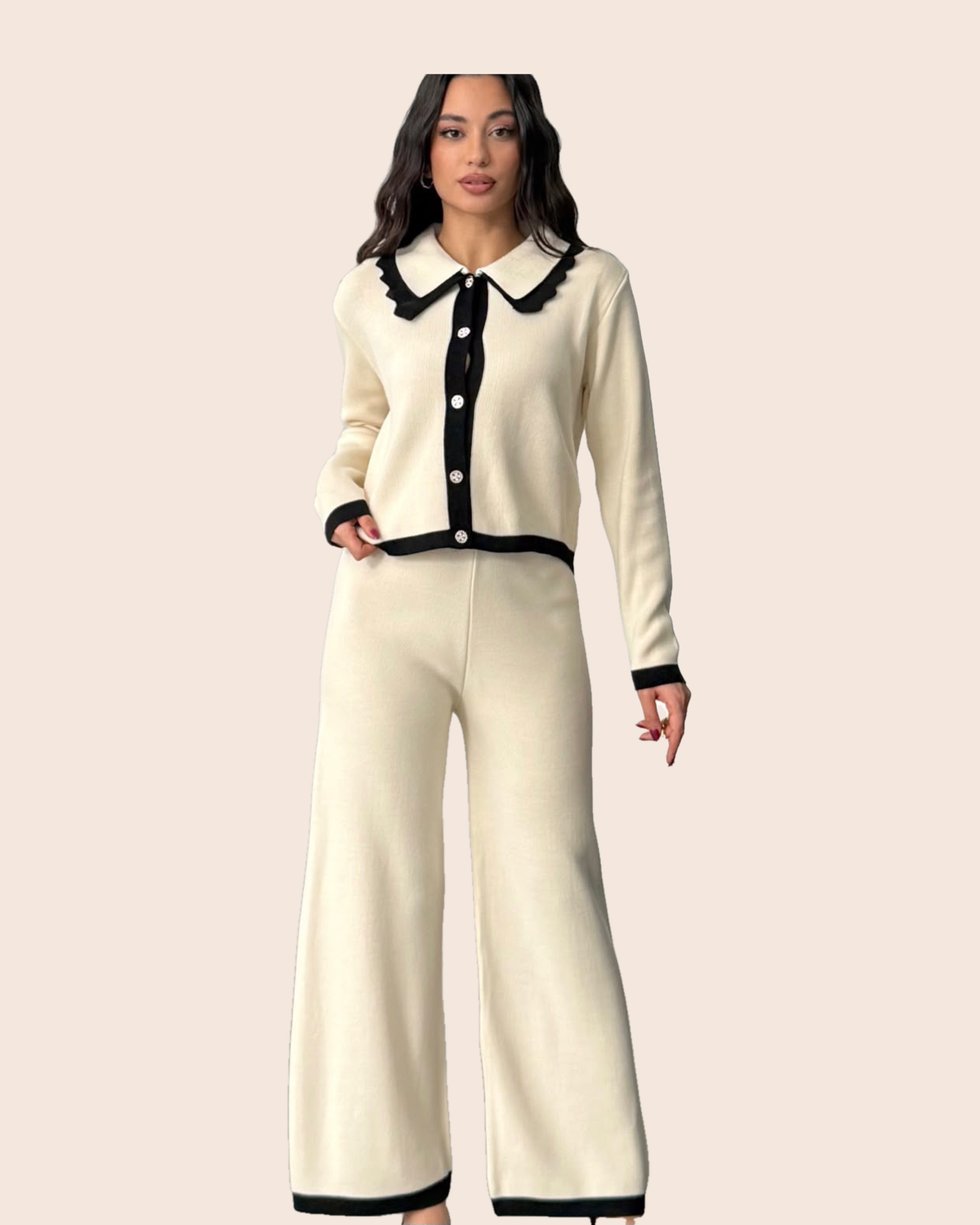 Scalloped Collar Knit Cardigan & Wide-Leg Set