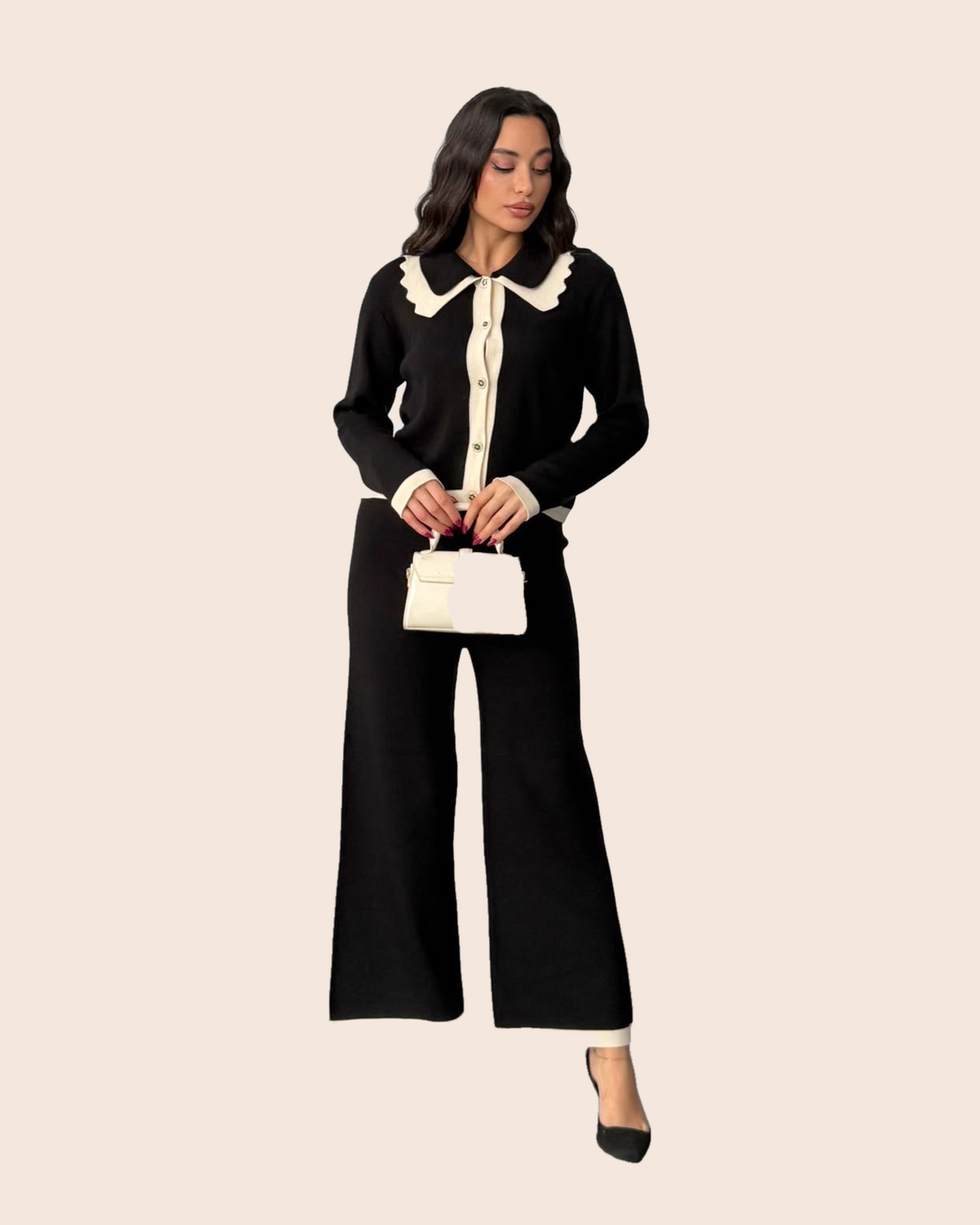 Scalloped Collar Knit Cardigan & Wide-Leg Set