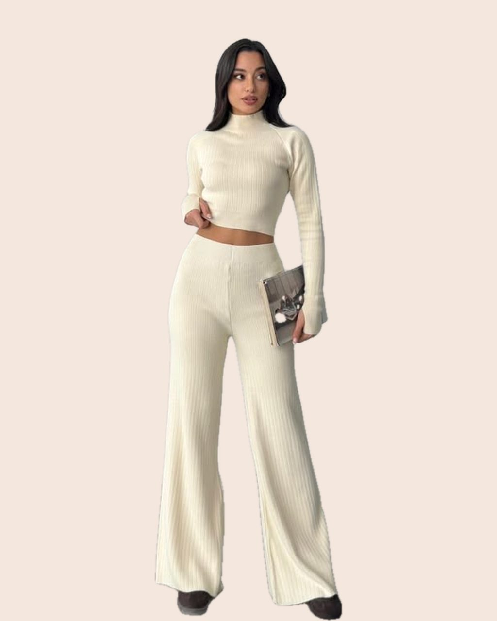 Ribbed Mock-Neck Crop & Flare Set