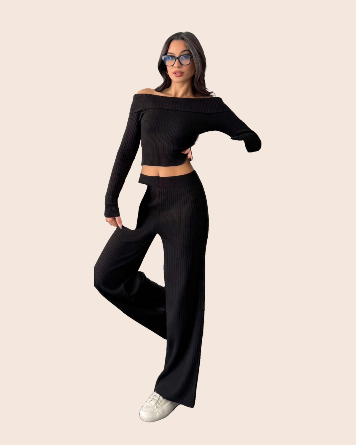 Off-Shoulder Ribbed Knit & Wide-Leg Set