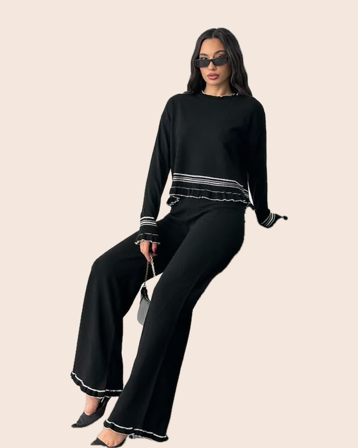 Ruffle Stripe Knit Sweater & Flare Set