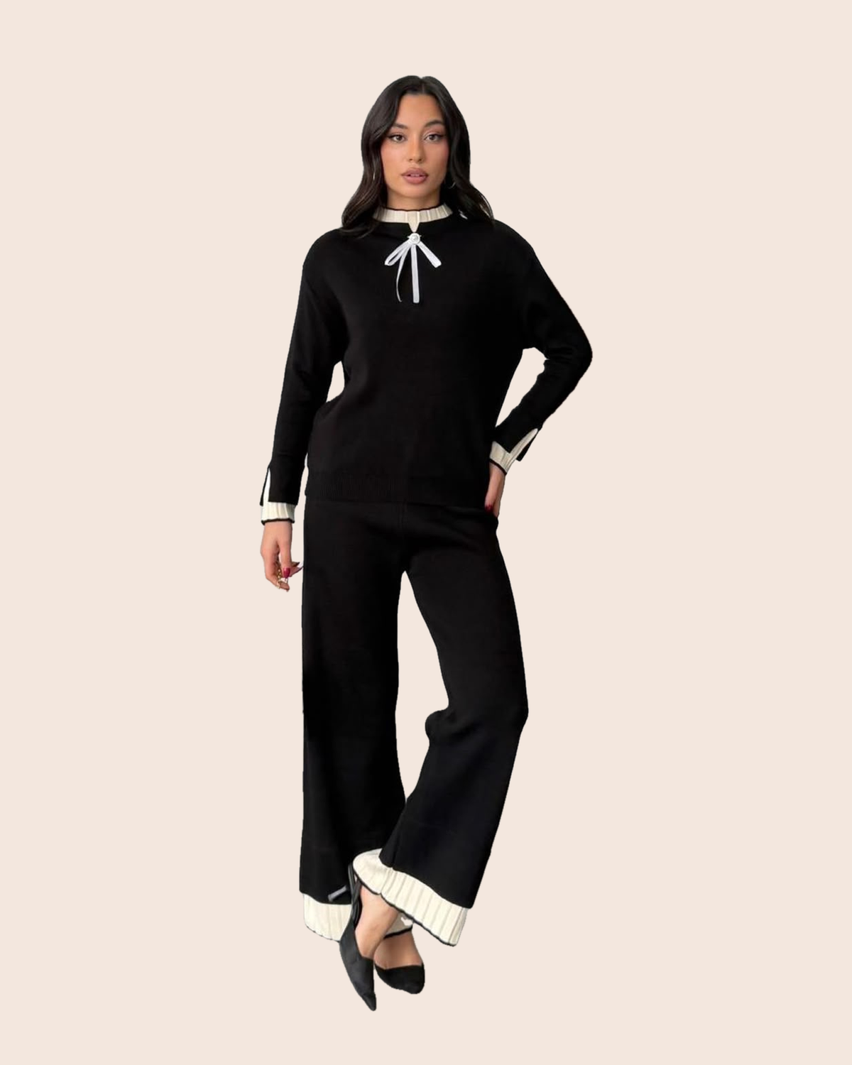 Ribbon Bow Knit Sweater & Wide-Leg Set