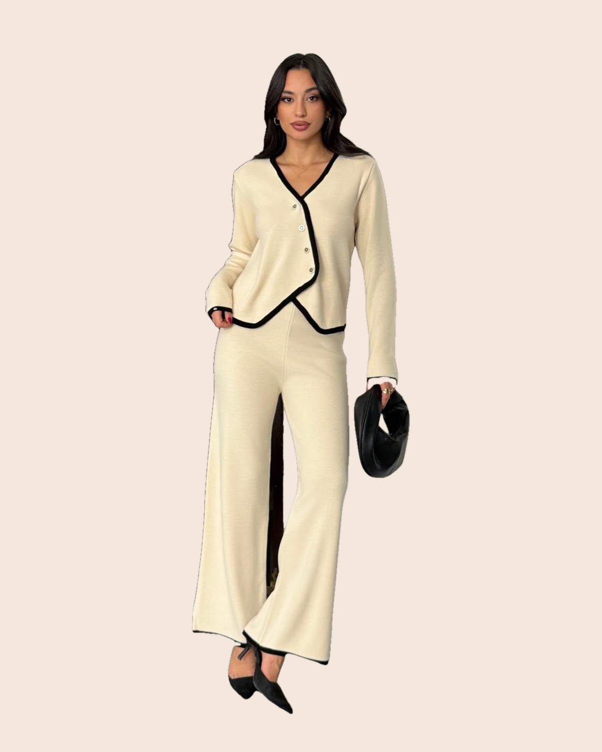 Piped V-Neck Cardigan & Wide-Leg Set
