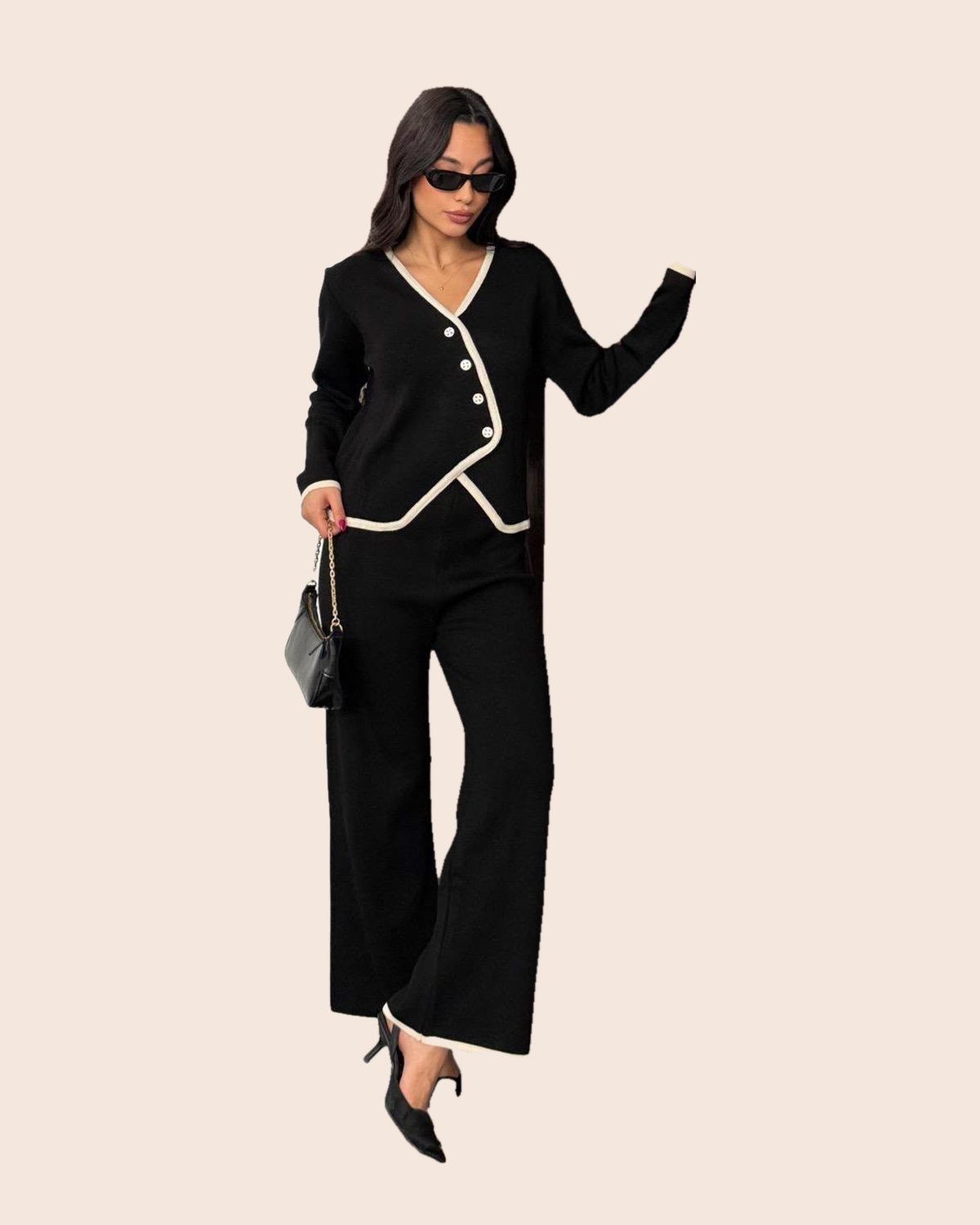 Piped V-Neck Cardigan & Wide-Leg Set