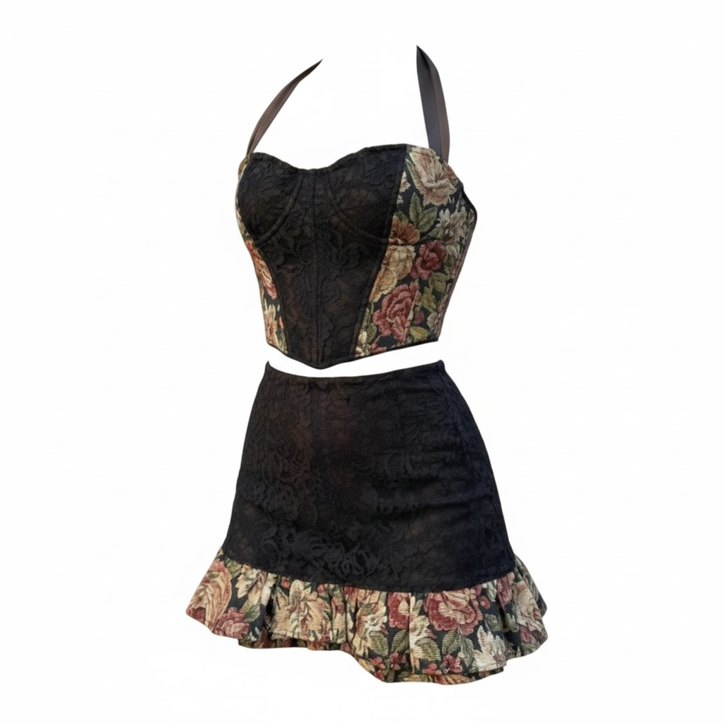 Lace & Floral Corset Skirt Set