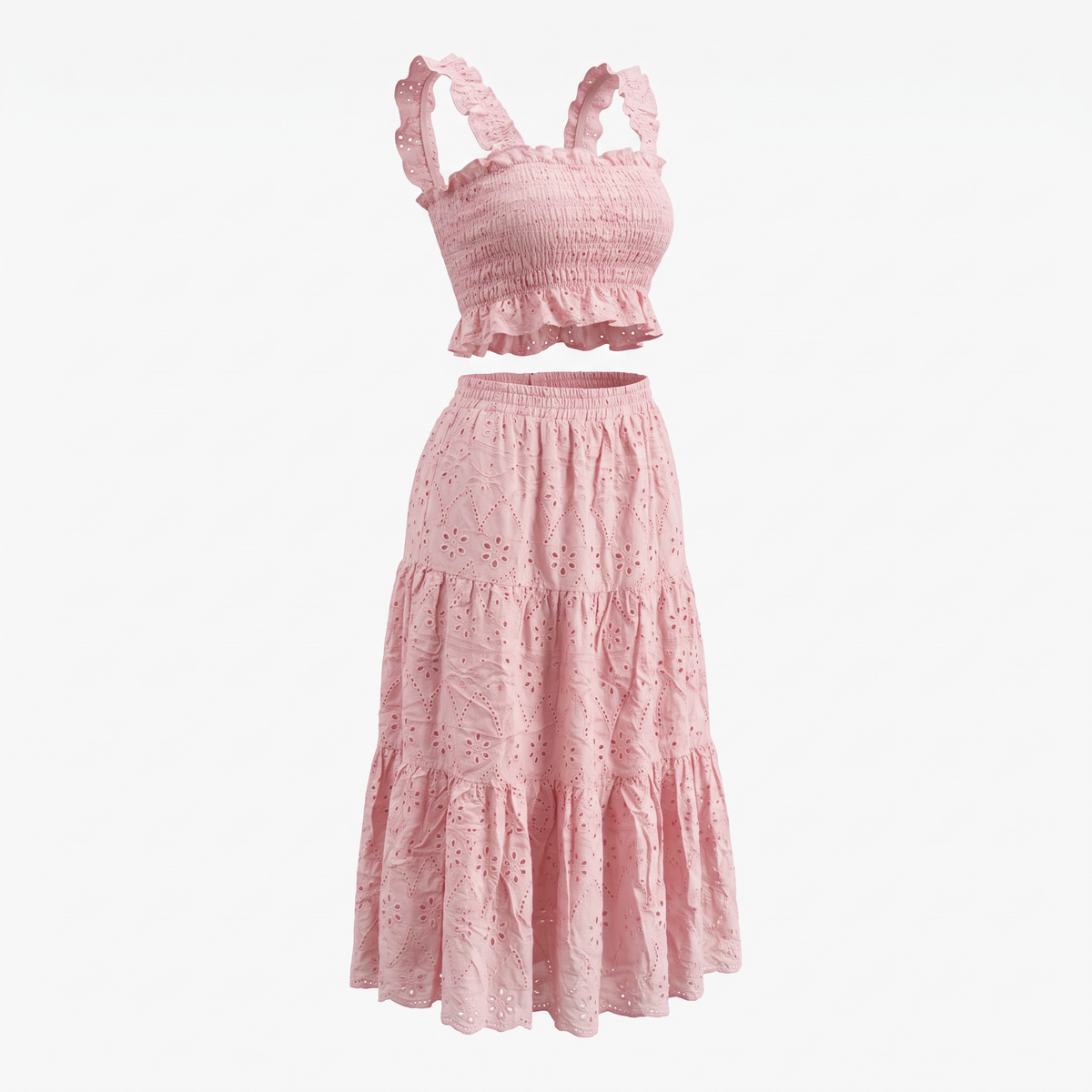 Pink Broderie Smocked Skirt Set